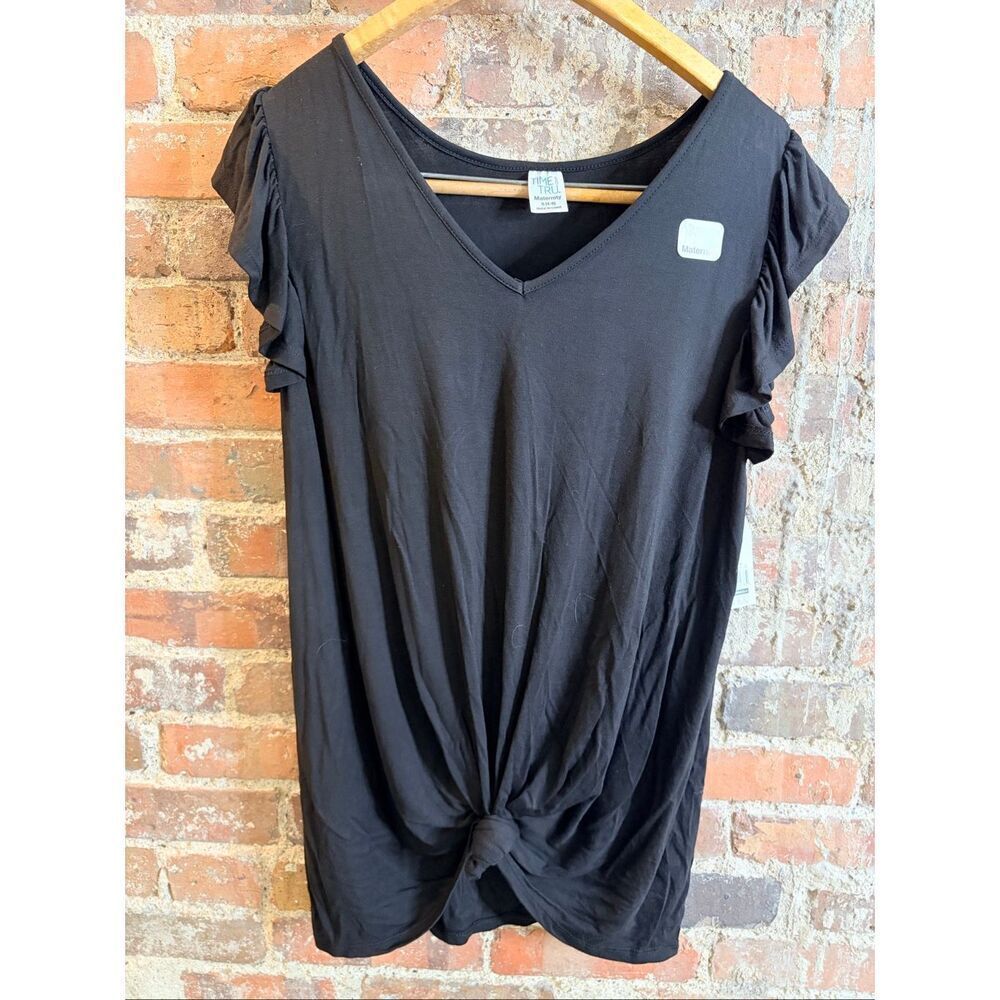 TIME & TRU | MATERNITY • Black Short Sleeve Vneck Knotted Front Semi-Fitted Tshi